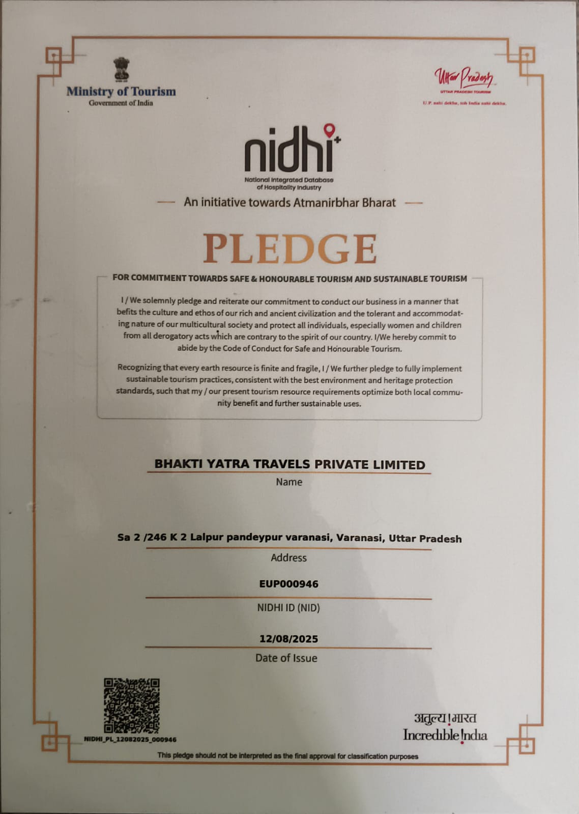 Safe & Honourable Tourism Pledge — Ministry of Tourism · NIDHI+