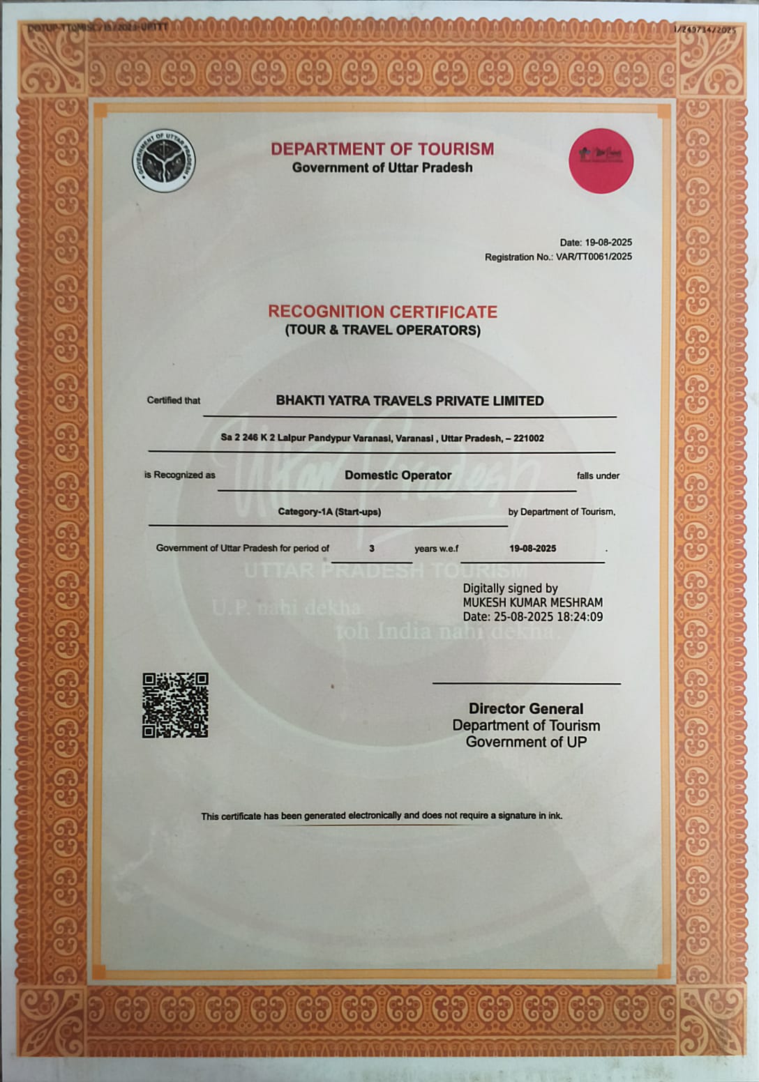UP Tourism Recognition — Dept. of Tourism, Govt. of Uttar Pradesh