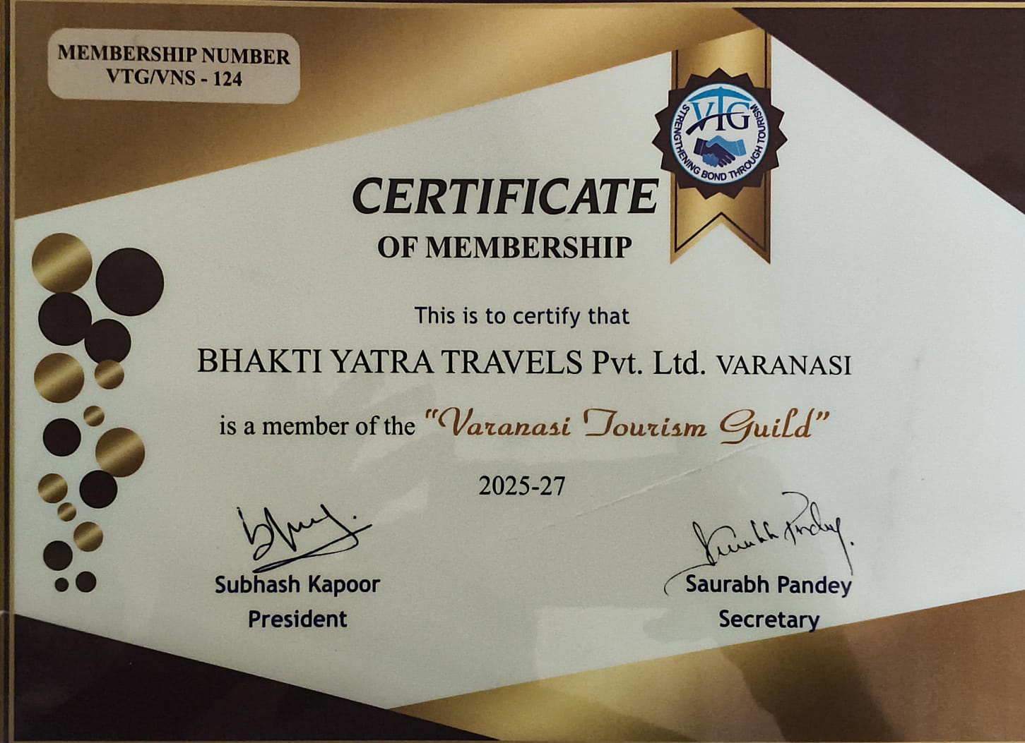 Varanasi Tourism Guild — Certificate of Membership · 2025–27